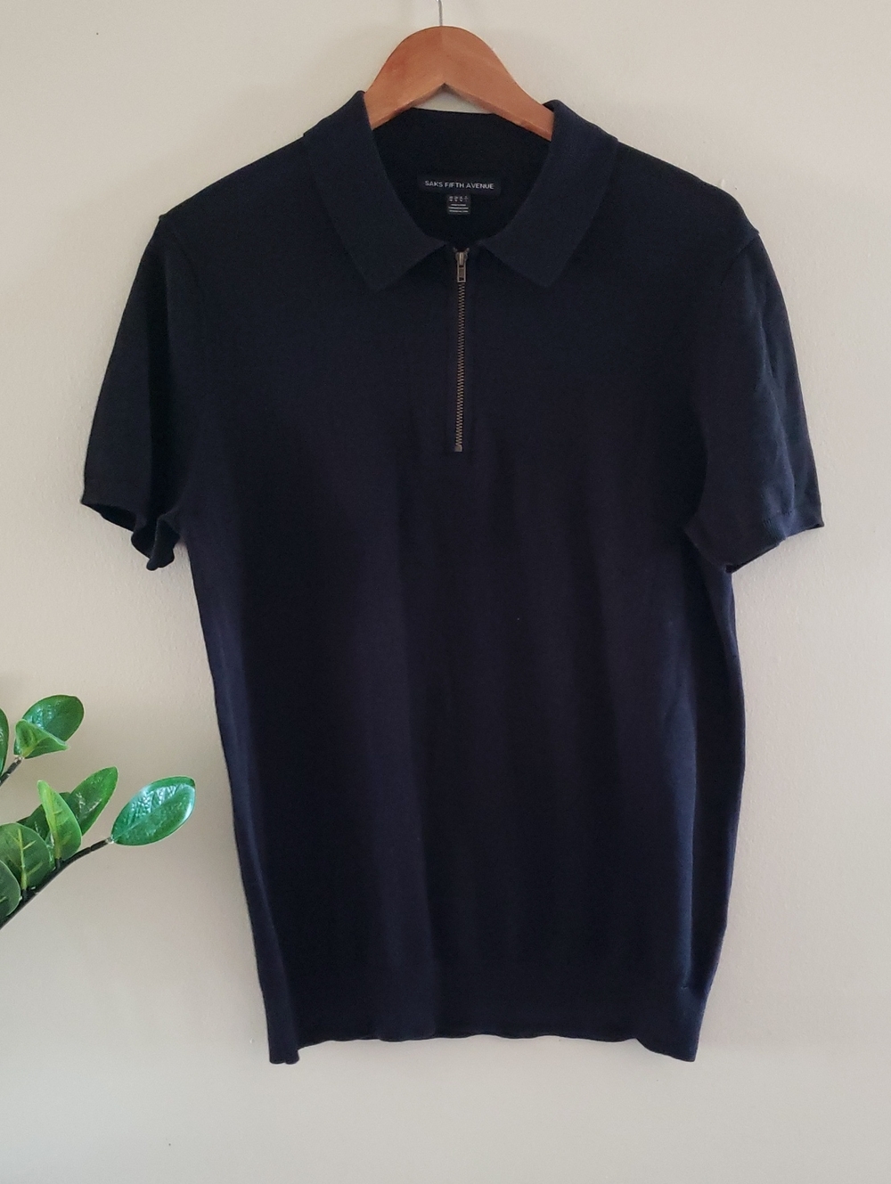 Saks Fifth Avenue Cotton/Tencel Rib-Knit Zip Polo Shirt - Black M (EUC)